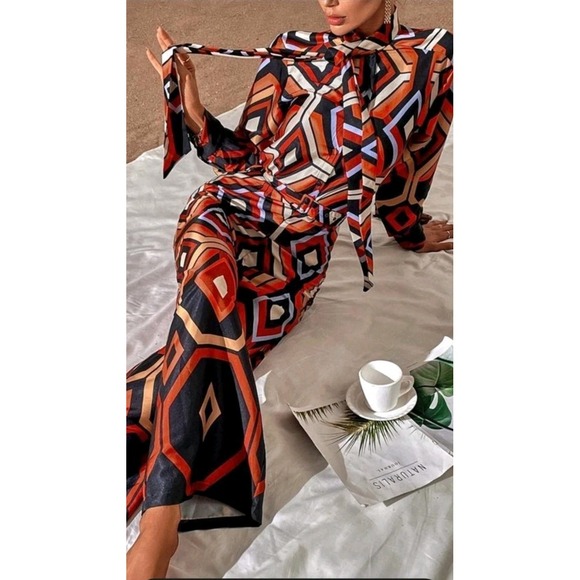 Zara Pants - Zara Satin Geometric Jumpsuit Retro 70s Print Long Sleeve Wide Leg NWT Sz M